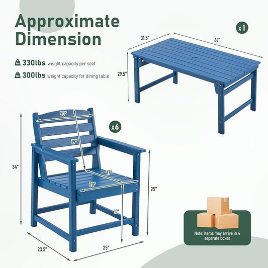 Furnimart Outdoor Dining Set for 6, 67" HDPE Dining Table and Chairs, All-Weather 7 Piece Patio Dining Set with Umbrella Hole, Outdoor Furniture Set for Backyard, Garden, Lawn & Poolside, Blue
