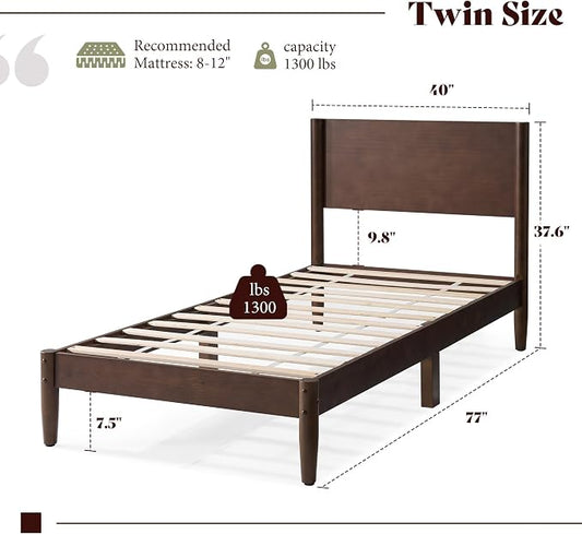 AMERLIFE Solid Wood Twin Bed Frame, Mid Century Modern Platform Bed with Full Panel Headboard, Noise-Free & Cylindrical Legs, No Box Spring Needed, Under-Bed Storage, Dark Walnut
