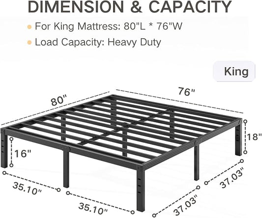 18 Inch Tall Metal Platform King Size Bed Frames with Maximum Storage, Anti-Slip Strengthen Support Mattress Foundation, Noise Free