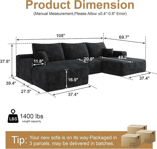 AUGOP 108" Sectional Couches for Living Room Modern Modular Sofa with L-Shape Couchs Upholstered Boneless Couch Deep Seat Sectional Couch with Chaise (Black, Right Facing Chaise+2Seaters+1Ottoman)