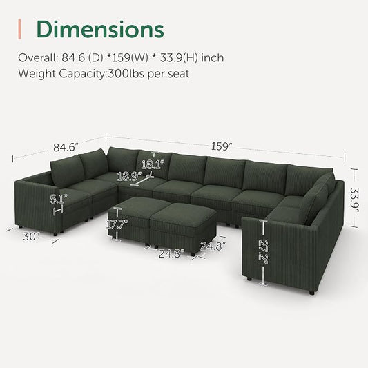 HONBAY Modular Sectional Sofa Sleeper Couch with Storage Modular Couch Convertible Couches for Living Room - Green