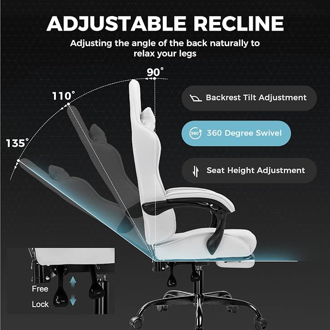 GTPLAYER Gaming Chair with Footrest, Computer Chair with and Lumbar Support, Height Adjustable Game Chair with 360°-Swivel Seat and Headrest and for Office or Gaming (All Light Gray-Fabric)