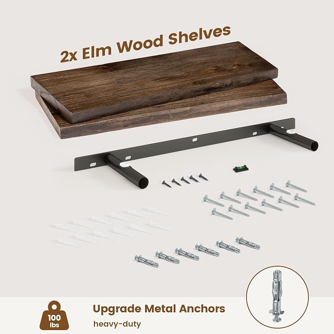 Live Edge Floating Shelves for Wall Decor, Solid Elm Wood Floating Shelves Wall Mounted, Rustic Wall Shelves with Invisible Bracket for Living Room Bathroom Bedroom Kitchen, 24 Inch Set of 2, Walnut