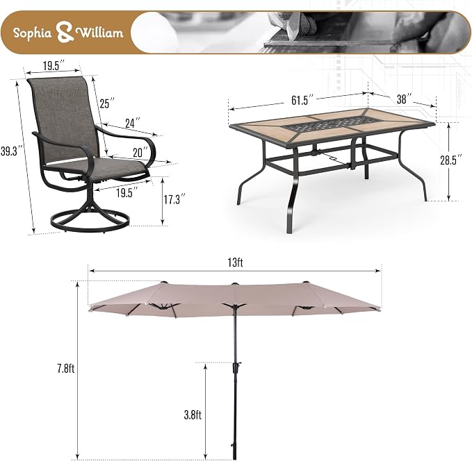 Sophia & William Patio Set with Umbrella Outdoor Dining Set for 6 with 13ft Umbrella Beige, 6 x Patio Chairs Brown, 1 Wood Like Outdoor Dining Table for Deck Lawn Garden (No Umbrella Base)