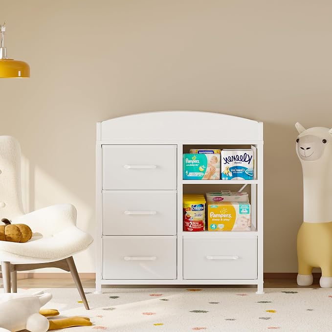 Homeiju Baby Changing Table with 4 Drawers and 2 Shelves - Baby Dresser with Changing Table Top Diaper Changing Station with Storage for Nursery Modern, White