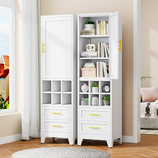 Metal Tall Narrow Storage Cabinet, Freestanding Floor Cabinet with Drawers and Adjustable Shelves, Pantry Storage Cabinets for Bathroom, Living Room, Entryway and Kitchen,White