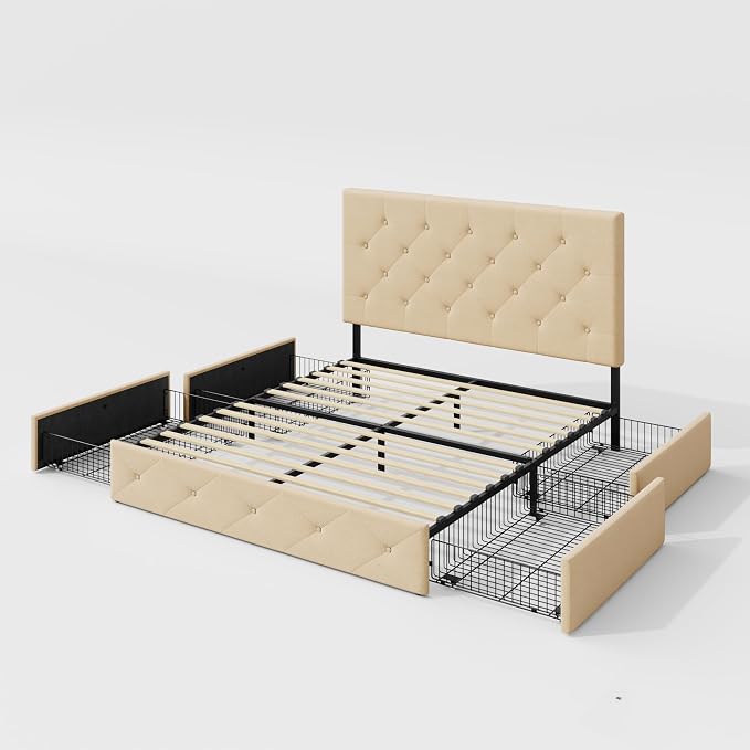 Allewie Upholstered Full Size Platform Bed Frame with 4 Storage Drawers and Headboard, Diamond Stitched Button Tufted, Mattress Foundation with Wooden Slats Support, No Box Spring Needed, Beige