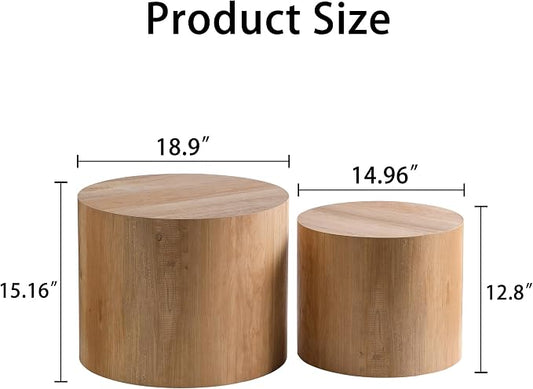 Nesting Round Coffee Table Set of 2, Accent End Table for Small Spaces, Morden Drum Side Table, Wooden Circle Center Table for Living Room, Fully Assembled - Light Oak
