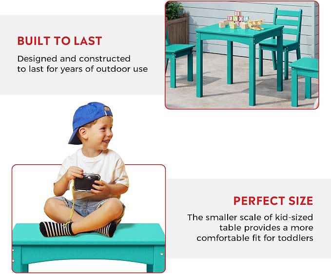 Costaelm Kids Table and 4 Chair Set, Activity Table Chair Set, Toddler Game, Playroom Furniture, Picnic Table Chairs, 5 Piece Dining Table Set, Turquoise