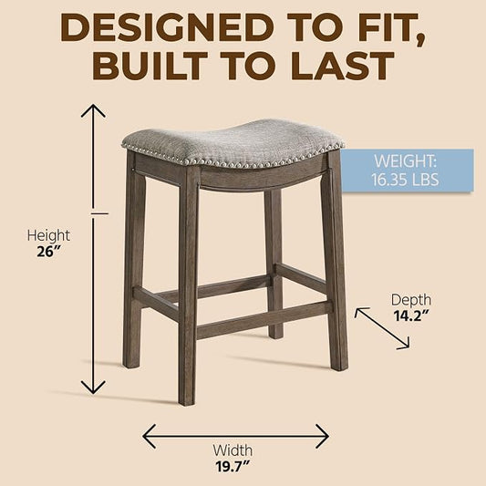 ROME + OAK Set of 4 Parker 26 Inch Counter Stool, Backless Saddle Kitchen Barstool in Walnut Finish with Grey Fabric Upholstery Cushion Seat