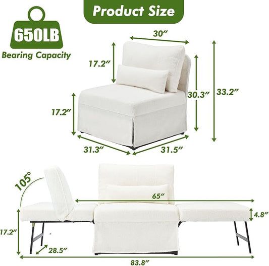ZZW Sleeper Chair Bed Upgrade 4-in-1 to 5-in-1 Convertible Multi-fuction Sofa Chair w/Adjustable Backrest Assembly-Free Linen Folding Sofa Ottoman Bed for Living Room Apartment (Wool White)