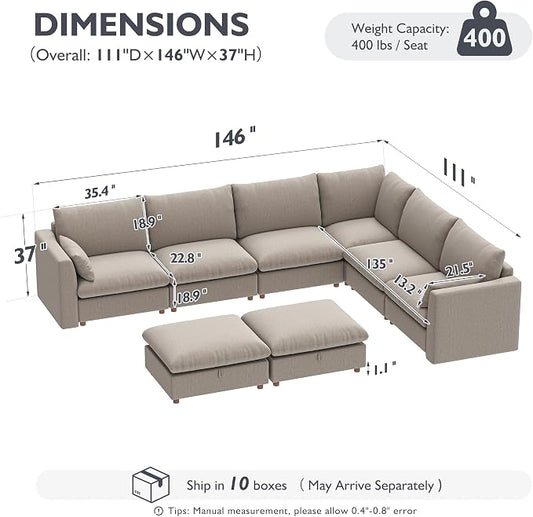 Ihanherry 146" Oversized Modular Sectional Sofa, Modern V Shaped Cloud Couch with 2 Storage Ottoman, 8-Seat Comfy Chenille Deep Seat Sofa with 2 Pillows for Living Room, Khaki
