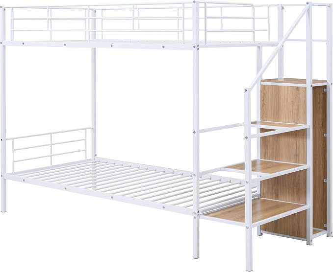 Bellemave Bunk Bed Twin Over Twin,Metal Bunk Bed with Storage Stairs and Wardrobe, Bunk beds for Adults/Kids/Teens, White