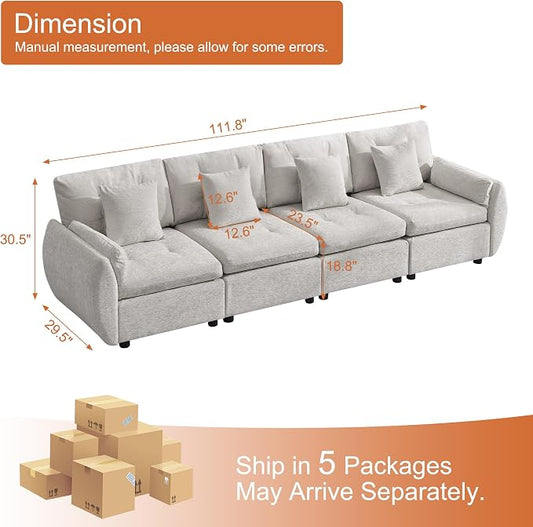112" Oversized Modular Cloud Sofa, Deep Seat Tufted Chenille 4-Seater Sectional Couch with Curved Arms, Comfy Sofas for Living Room, Light Grey