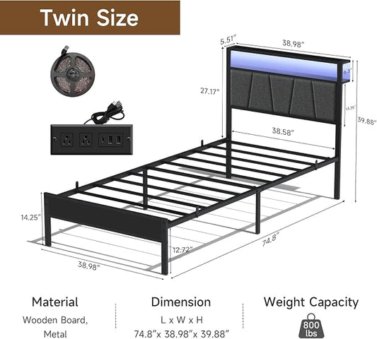 Z-hom 14 Inch Storage Headboard with Charging Station Twin Bed Frame,LED Bed w/Upholstered Headboard and Footboard, Metal Platform Bed w/ 2-Tier Shelves,Easy Assembly,No Box Spring Needed,Noise Free