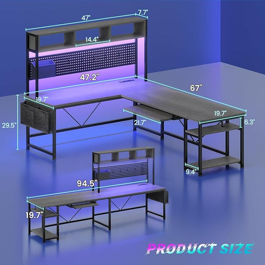 SEDETA L Shaped Desk, 94.5 Inch Home Office Desk with Power Outlet & Pegboard, L Shaped Gaming Desk with LED Light, Keyboard Tray, Storage Shelves and Headphone Hook for Home Office, Grey