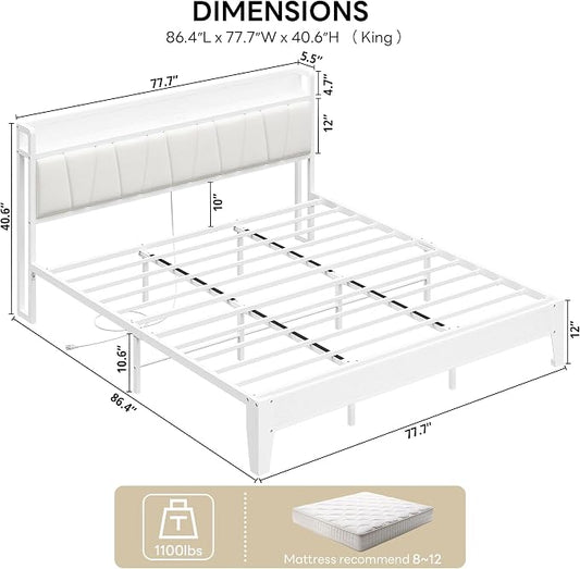 LIKIMIO King Bed Frames, PU Leather Storage Headboard with Charging Station, Solid and Stable, Noise Free, No Box Spring Needed, Easy Assembly, White