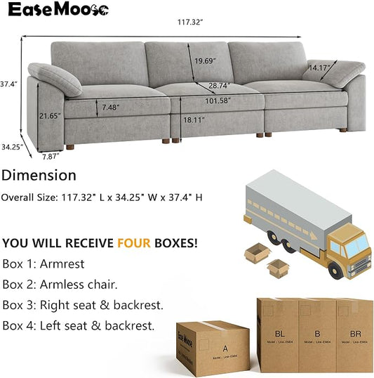 EASE MOOSE Modern Loveseat Sofa for Living Room, Comfty 3 Seat Solid Wood Frame Sofa, Modern Deep Seat Couch,Grey