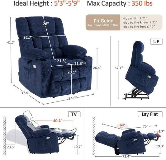 MCombo Dual Motor Power Lift Recliner Chair with Massage and Heat for Elderly People, Infinite Position, USB Ports, Cup Holders, Fabric 7890 (Medium, Yale Blue)
