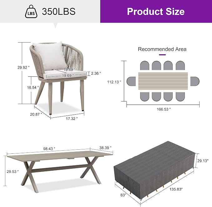 PURPLE LEAF 11 Pieces Patio Dining Set with Waterproof Furniture Cover Rectangular Table and Chairs Set for Garden Deck Aluminum Frame Backyard Kitchen Set, Cushions and Pillows Included Champagne