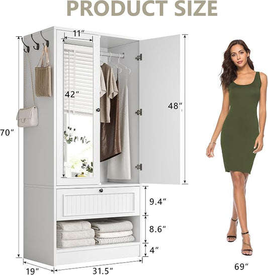 Einhomn 70" Armoire Wardrobe Closet with Doors & Mirror,Wooden Wardrobe with Drawers and 3 Side Hooks,Large Freestanding Bedroom Storage Wardrobe Cabinet,White