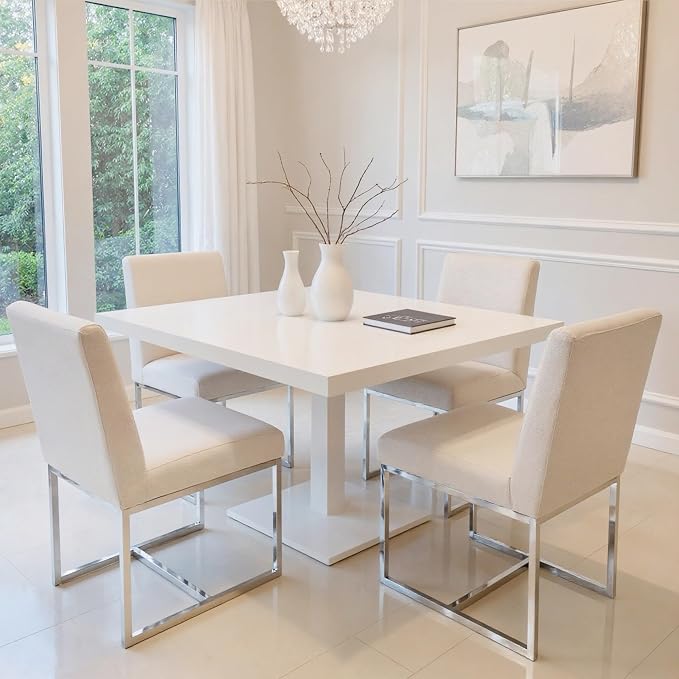 HNY Modern Dining Chairs Set of 2, Upholstered Linen Dining Room Chairs with Ergonomic Back & Polished Silver Metal Frame for Home, Kitchen, Apartment, Cream