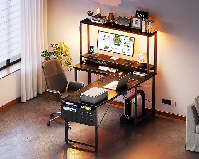 ODK 53 Inch L Shaped Gaming Desk with LED Lighting, Reversible Desk with Power Outlets, Cornor Computer Table with Storage Shelves & Bag & Iron Hook, Home Office Table for Writing, Study, Black