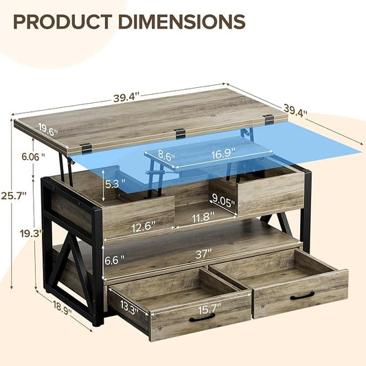 Memobarco 40" Lift Top Coffee Table,4 in 1 Multi-Function Lift Coffee Tables with Storage Drawers and Hidden Compartmen,Farmhouse Coffee Table with Lifting top for Living Room,Grey