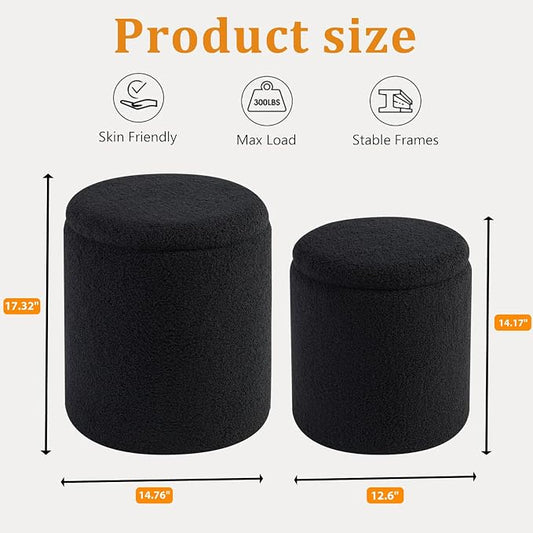 Round Ottoman with Storage Set of 2 - Upholstered Sherpa Vanity Stool for Makeup Multifunctional Ottomans Coffee Table Padded Seat Foot Rest for Living Room & Bedroom (Sherpa, Black)