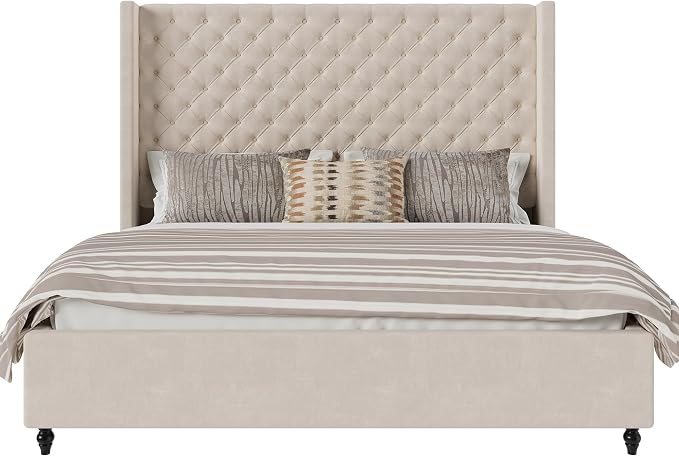 Jocisland Queen Size Bed Frame with 63" Tall Headboard, Upholstered Wingback Platform Design, Handcrafted Pleats & Deep Button Tufted, Solid Wood Legs, No Box Spring Needed, Cream
