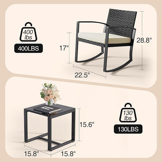 Qsun 3 Pieces Porch Furniture Set Patio Rocking Bistro Set Outdoor Patio Chairs Rattan Conversation Sets with Coffee Table for Front Porch Garden Balcony Backyard Poolside (Beige Cushion)