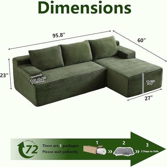 96" Modular Sectional Sofa, Modern Corduroy Cloud Couch, Boneless Couch Upholstered 3-Seater L-Shaped Sofa for Living Room, No Assembly Required (Green, Right-Facing Chaise)