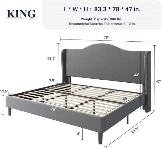 Allewie King Size Bed Frame, Upholstered Wingback Platform with 47" Tall Tufted Headboard, Plush Velvet Fabric, Modern Minimalist Design, No Box Spring Required, Tool-Free Assembly, Grey
