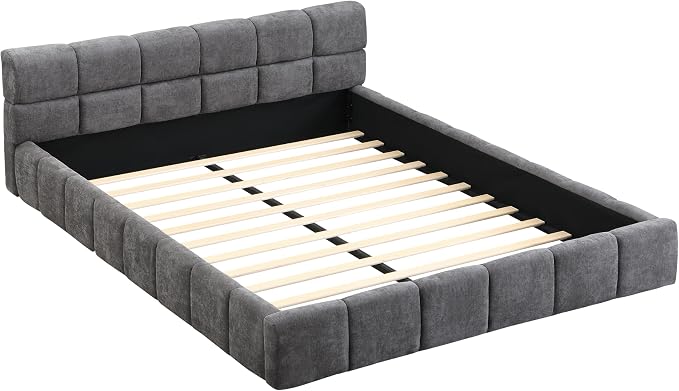 Merax Queen Size Elegant Chenille Upholstered Platform Bed with Thick Headboard and Footboard, Checkerboard Design Upholstery Grounded Bed Frame, Gray