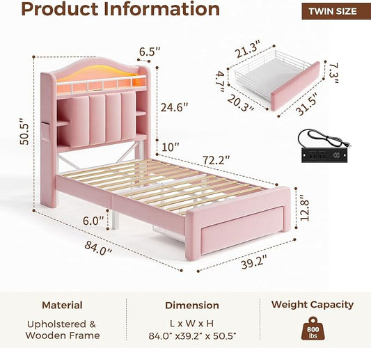 Twin LED Bed Frame with Storage Headboard & 2 Storage Drawers, Princess Velvet Upholstered Bed with Vertical Tufted Headboard Design for Girls, USB & Type-C Charging Ports, Wooden Slats Support, Pink