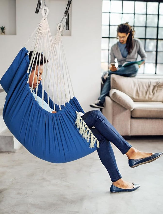 Chihee Hammock Chair Hanging Swing 2 Pillows Included,Strong Webbing Straps and Hooks for Easy Hanging Soft Cotton Hanging Chair Side Pocket Tassel Chair Comfort Indoor Outdoor Royal Blue