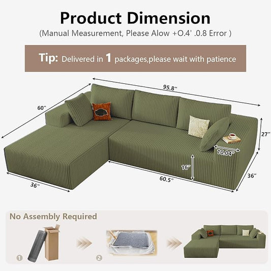 95" Cloud Sectional Couch with L-Shape Chaise, Modular Comfy Sofa Chaise Longue, Upholstered Corduroy Couches Sleeper with Deep Seat for Living Room Bedroom, No Assembly Required(Green, Left Facing)