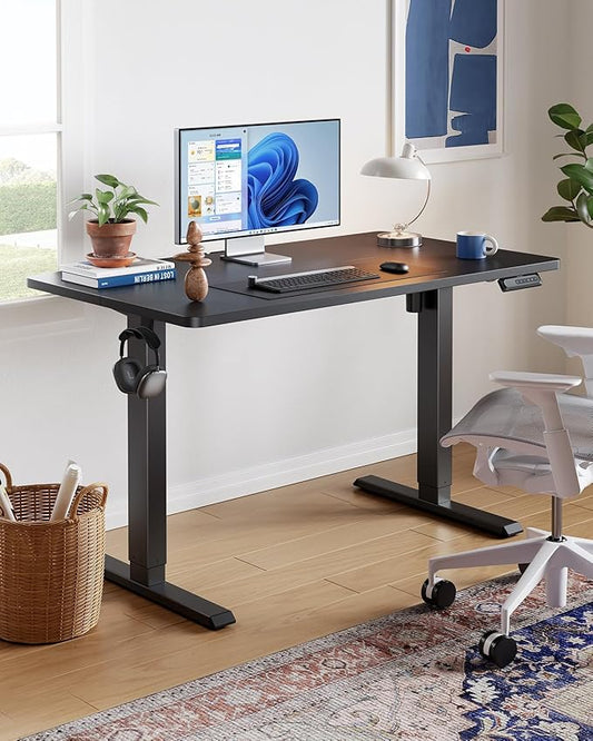 HUANUO Electric Standing Desk,47" x 28" Height Adjustable Desk, 4 Memory Height Settings, Sit to Stand Up Desk for Home Office, with Headphone Hook, Cable Manager, Brown