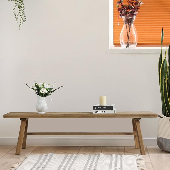 Wnutrees 63" Farmhouse Wood Bench, Rustic Solid Wood Dining Room & Entryway Bench Seat for Indoors, Easy Assembly, Natural