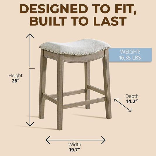 ROME + OAK Parker 26 Inch Counter Stool, Backless Saddle Kitchen Barstool in Reclaimed Oak Finish with Ash Grey Fabric Upholstery Cushion Seat