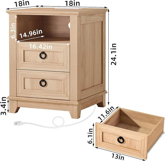 Joaxswe 18" Farmhouse Night Stand with Charging Station, 2 Drawers Bedside End Table, Natural Wooden Nightstand, Bed Side Table Cabinet with Open Shelf for Bedroom Living Room Office