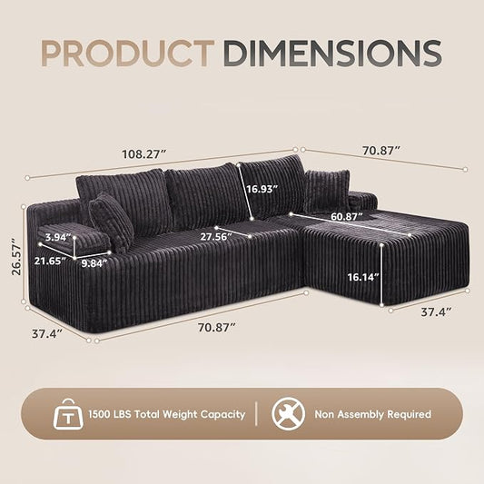 Hobestluk Boneless Couch Modular Sectional Sofa L-Shape Oversized Chaise | 108" Right Facing Chaise Black,Memory Foam,Removable Cover,Non-slip Bottom,No Assemble Required,Living Room Furniture