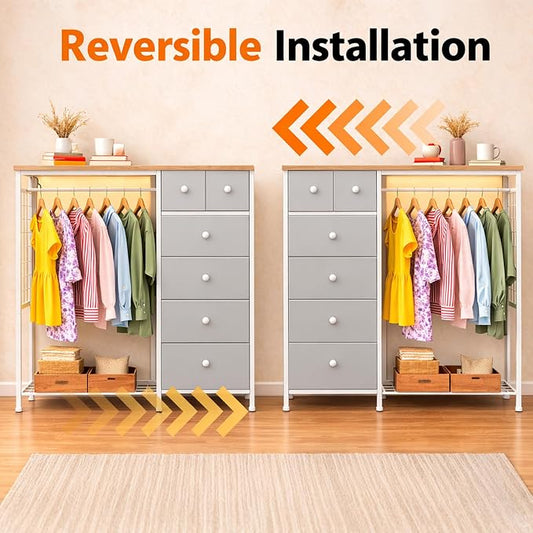 Simple Deluxe Storage Clothes Rack with 6 Drawers, Charging Station & LED Lights, Fabric Chest Shelves Clothing Rack, Wooden Portable Wardrobe Closet, 49.2" W x 15.7" D x 47.2" H, Silver