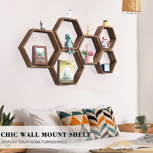 NOVIMANGO Hexagon Floating Shelves Set of 6 Honeycomb Shelves for Wall Wood Farmhouse Storage Home Decor Shelf Wall Mounted Wooden Hexagonal Shelves for Bedroom Living Room Nursery, Rustic Brown