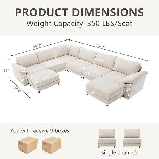 Oversized Modular Cloud Couch with Removable Washable Cover, U-Shaped Sectional for Large Living Room, Plush Chenille & Deep Seat Beige