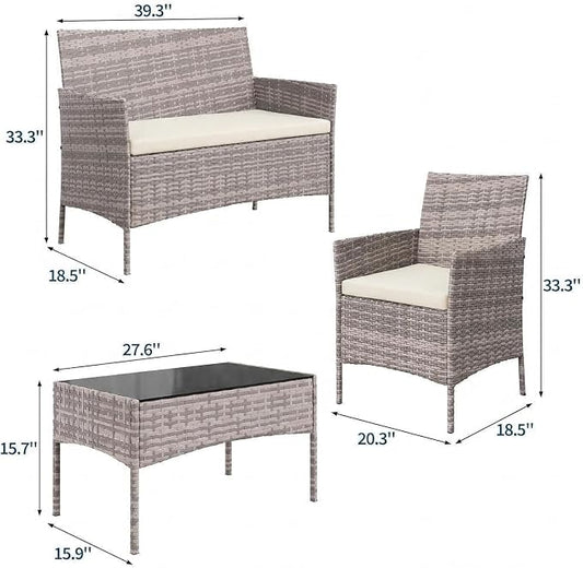 4-Piece Outdoor Furniture Set, PE Rattan Wicker Chairs with Soft Cushions & Tempered Glass Coffee Table - All-Weather Patio Set for Garden, Backyard, Porch, Poolside (Grey/Beige)