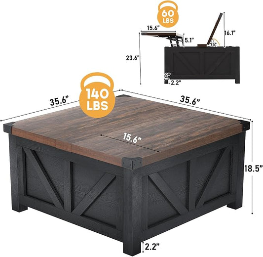 jimeimen Farmhouse Lift Top Coffee Table with Storage, Wood Square Center Table with Charging Station&USB Port, Living Room Table w/Large Hidden Space, for Living Room, Bedroom, Home Office, Black