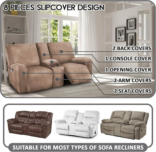 ULTICOR Reclining Love Seat with Middle Console Slipcover, 8-Piece Velvet Stretch Loveseat Reclining Sofa Covers, 2 seat Love seat Recliner Cover, Thick, Soft, Washable, Love seat Slipcovers (Sand)
