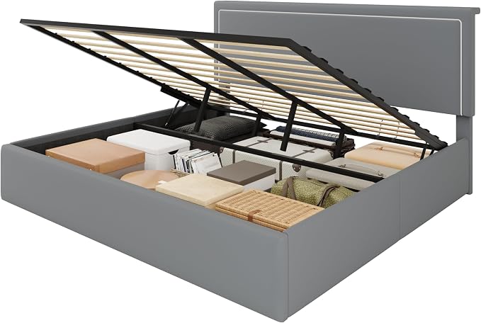 SHA CERLIN King Size Hydraulic Lift-Up Storage Platform Bed Frame with Charging Station, RGB LED Lights, Adjustable Velvet Headboard, USB-A and USB-C Ports, No Box Spring Needed, Grey