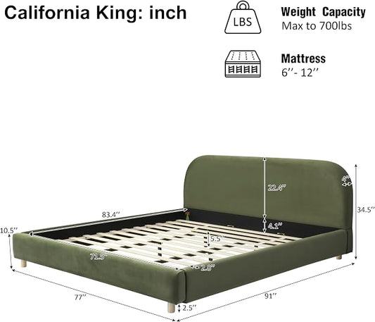 Merax California King Size Teddy Fleece Thick Fabric Upholstered Platform Bed with Curved Shaped Headboard, Wood Bed Frame with Solid Round Legs for Kids Teens Adults, Olive Green